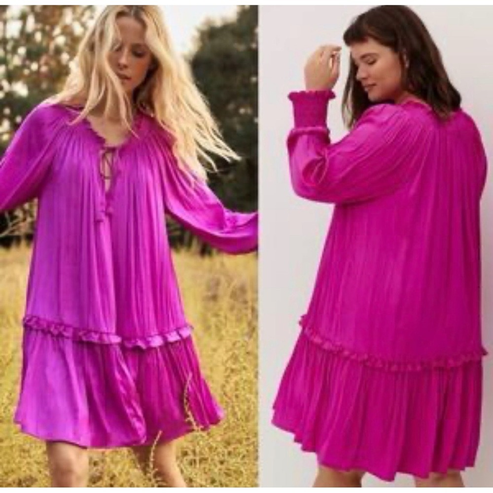 Anthropologie Mini Dress Womens XS Pink Satin Tiered‎ Ruffle Boho Peasant New
